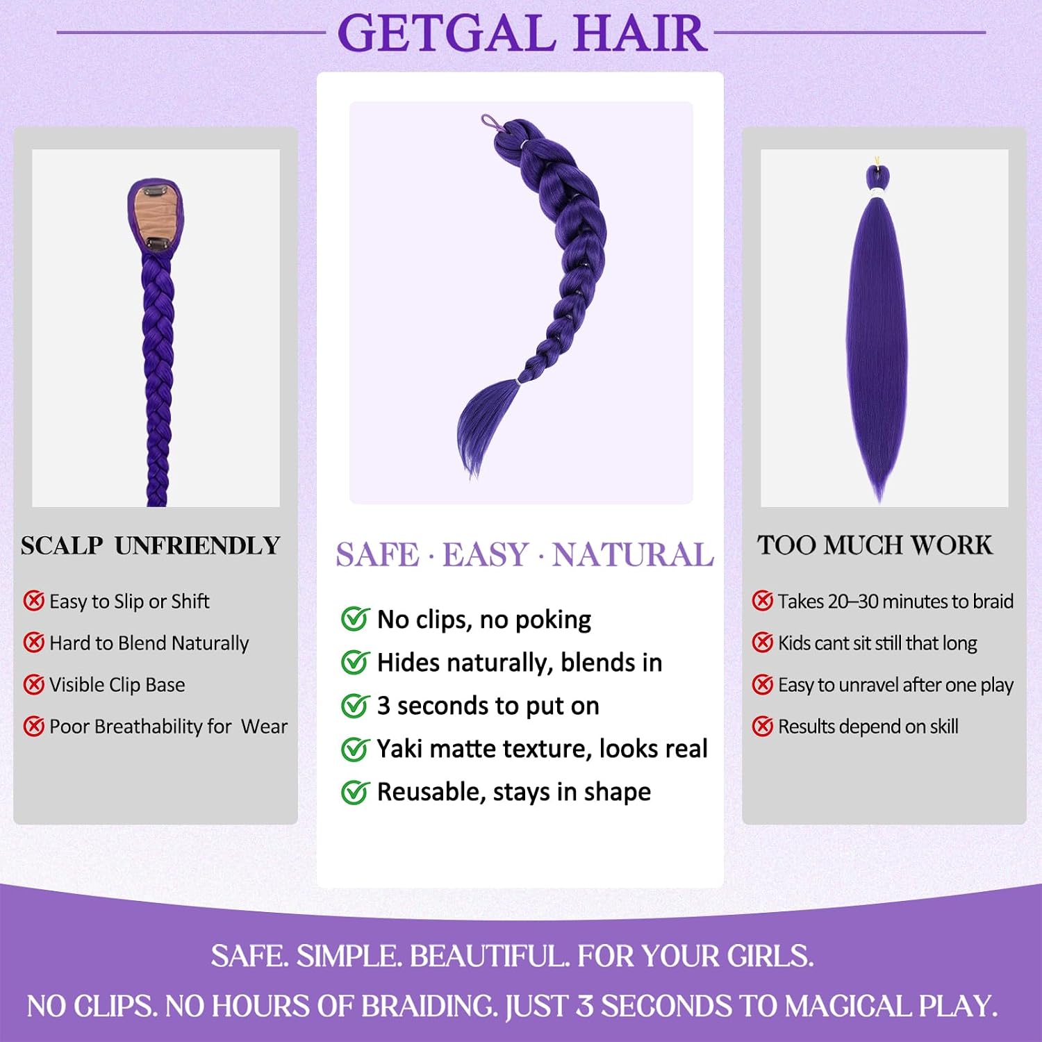Detalle de Getgal Purple Braided Ponytail Extension 24-inch