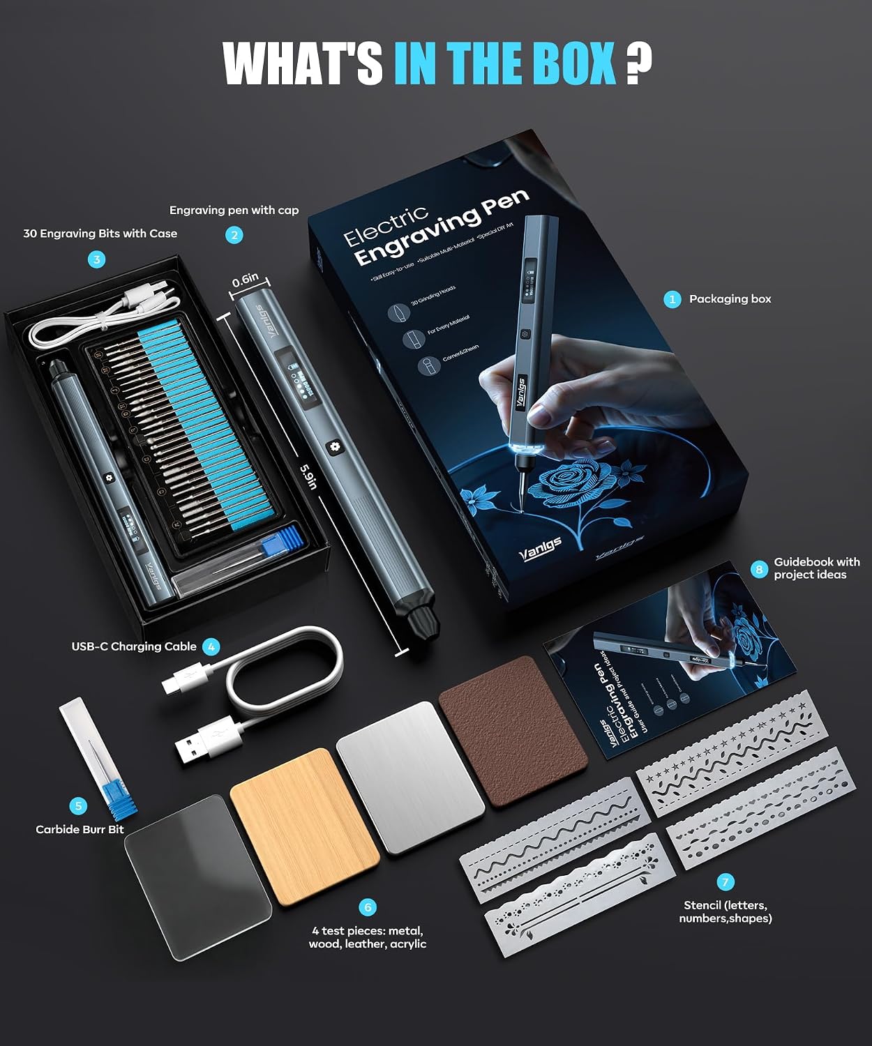 Detalle de Vanlgs Engraving Pen Tool Kit – Cordless Rechargeable Engraver with 30 Heads, LED Light and 5 Speeds