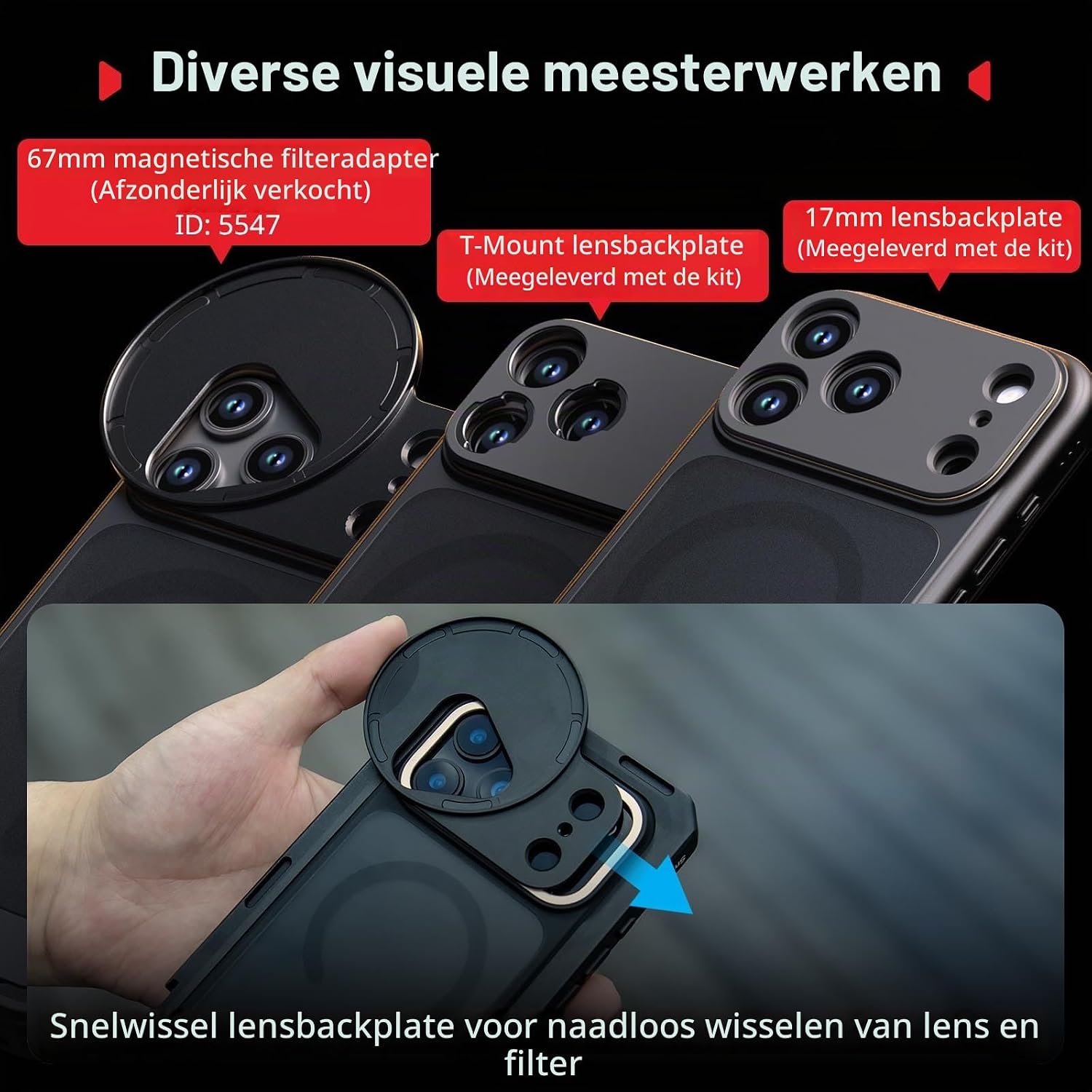 Detalle de SMALLRIG 5542 mobiele videokooi voor iPhone 17 Pro met T-mount en 17mm lensplaat