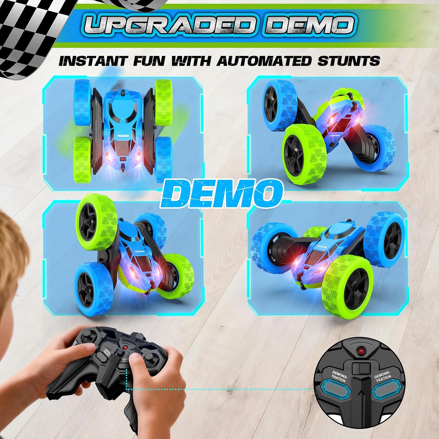 Detalle de COSONE Blue Green RC Car for Kids: 360° Stunt Fun with USB-C Rechargeable Battery