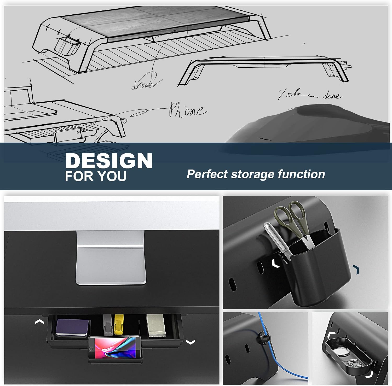Detalle de Fenge Dual Monitor Stand 119cm Large with Removable Slot Drawer, Adjustable Angle Shelves & Desk Organisation (Black)