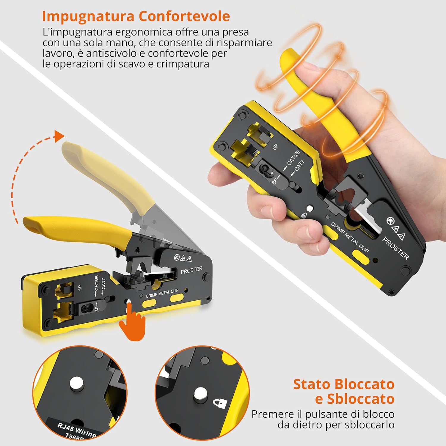 Thumbnail 6 de Proster Pinza Crimpatrice RJ45 Pass Through Multifunzione: Kit completo per connettori Cat5/6/7 con 50 connettori e protezioni