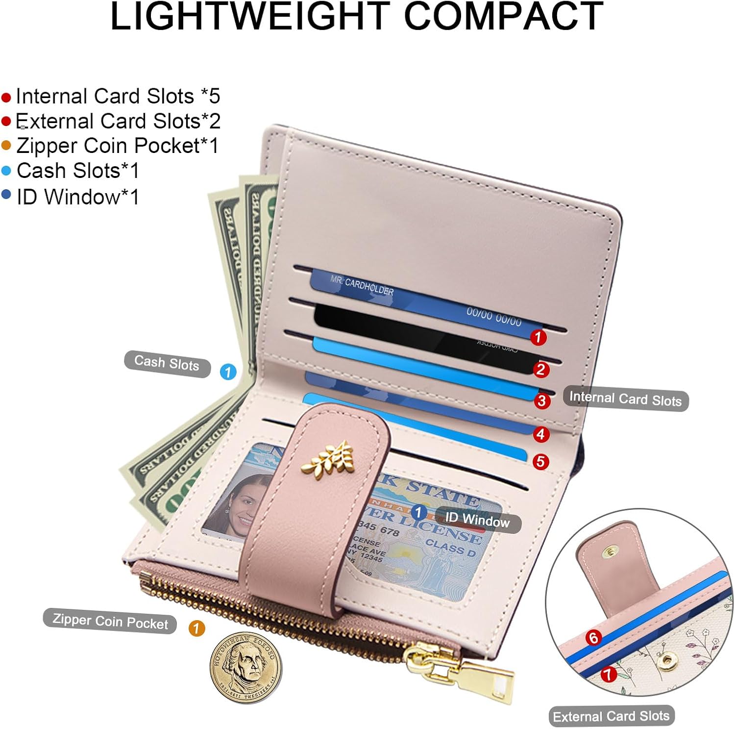 Detalle de LJCZKA Pink Leather Bifold Wallet with Zip Pocket and ID Window
