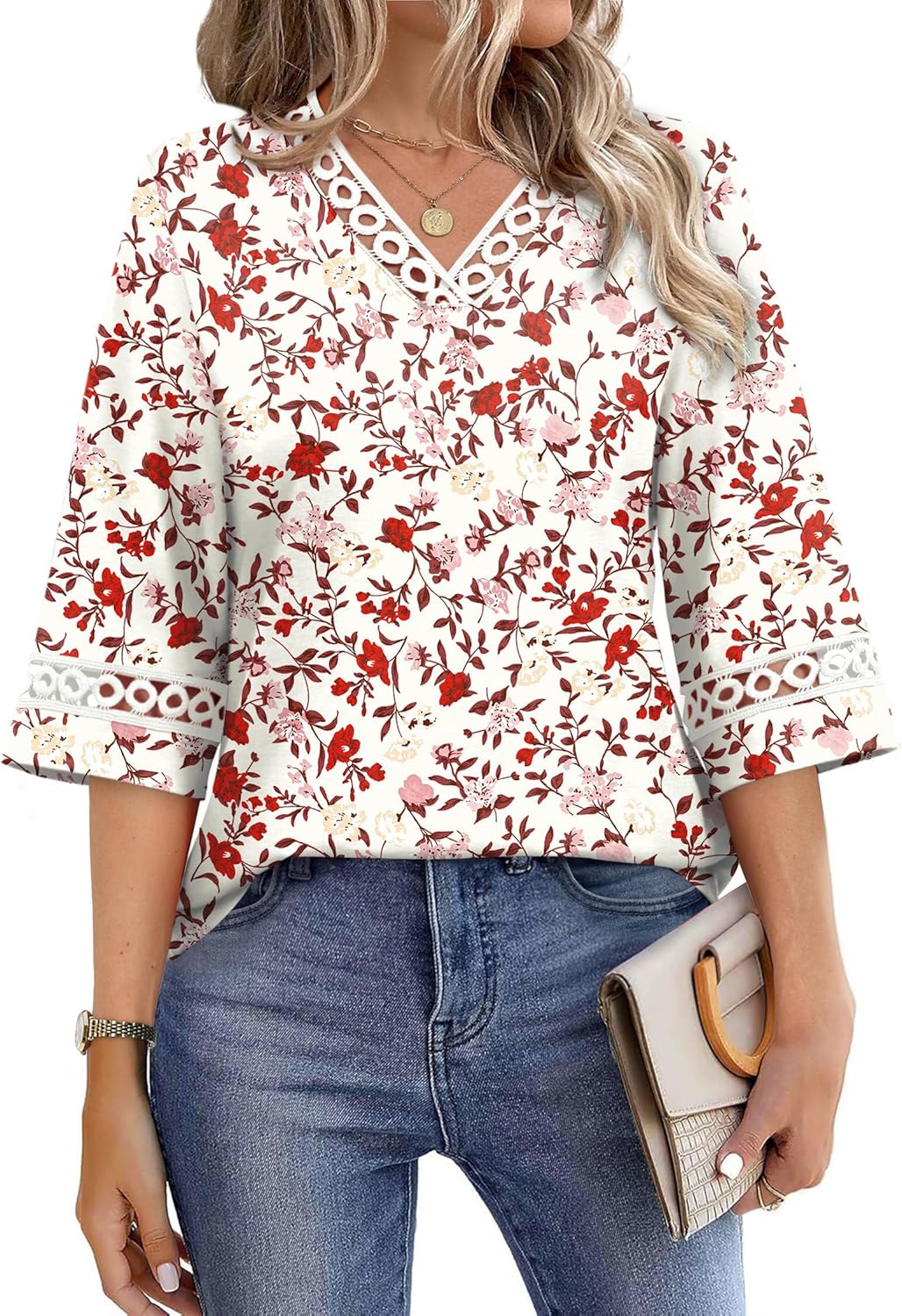 Detalle de WIHOLL Women's Eyelet Lace V-Neck 3/4 Bell Sleeve Blouse – Dressy Casual Work Top