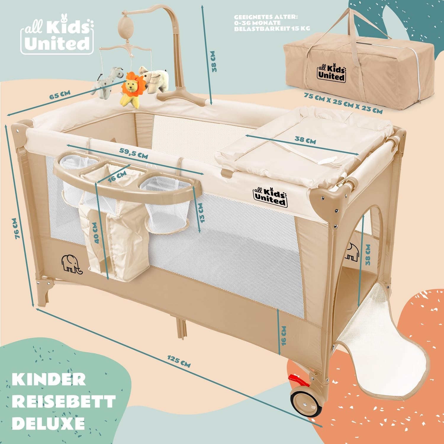 Thumbnail 1 de all Kids United® Baby Reisebett Babybett (Beige) mit Matratze, Wickelauflage, Musikspiel und Mobile