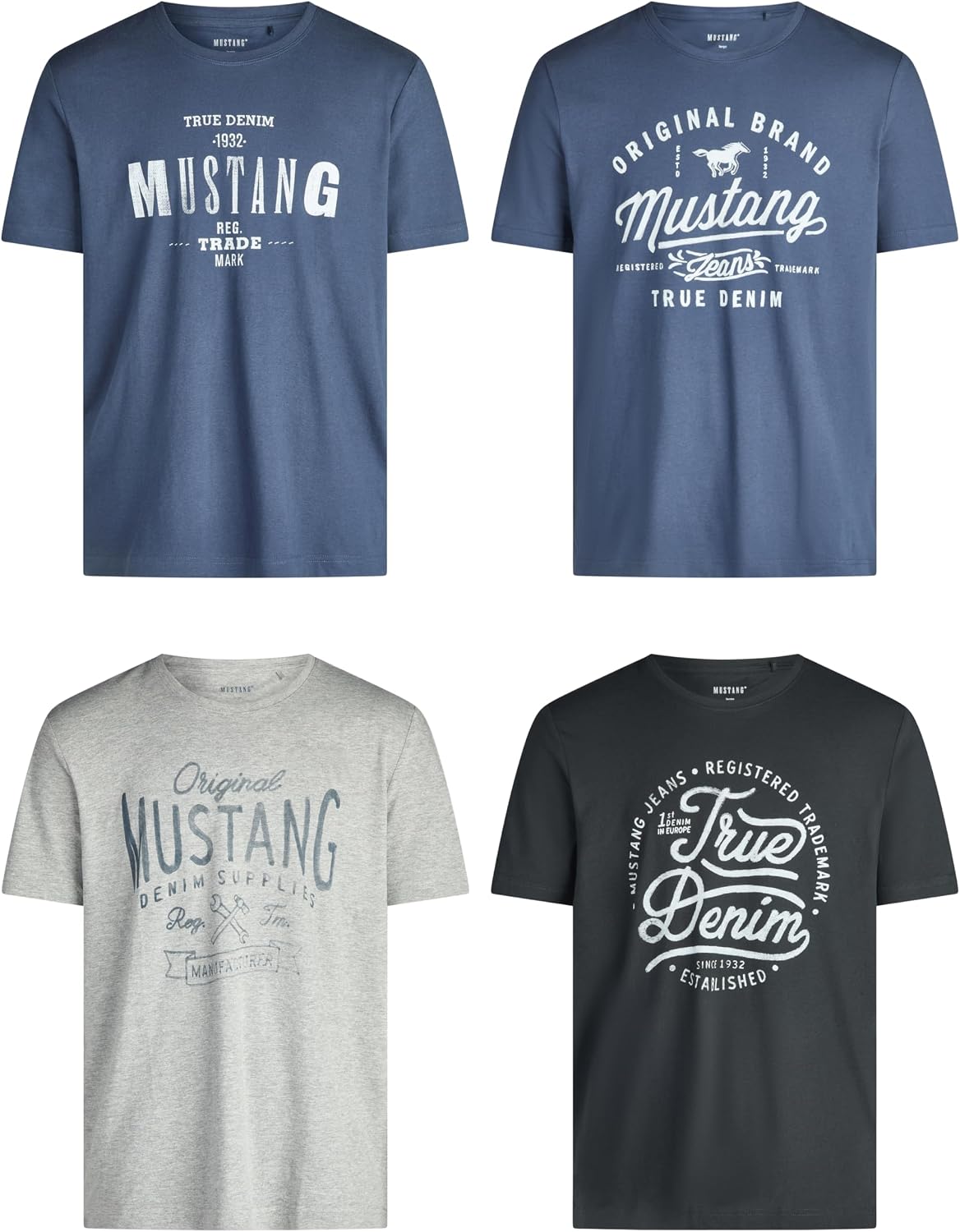 Detalle de MUSTANG Herren T-Shirt Regular Fit im 4er-Pack aus Baumwolle (Rundhals, Kurzarm) mit Logoprint