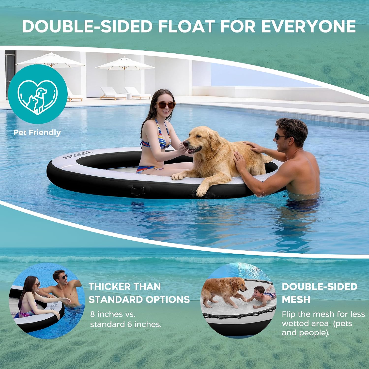 Detalle de AWEMUFA Water Hammock Floating Island — 6/8/10/12 ft Heavy-Duty Round Ring with Mesh, Ideal for Lakes and Pools