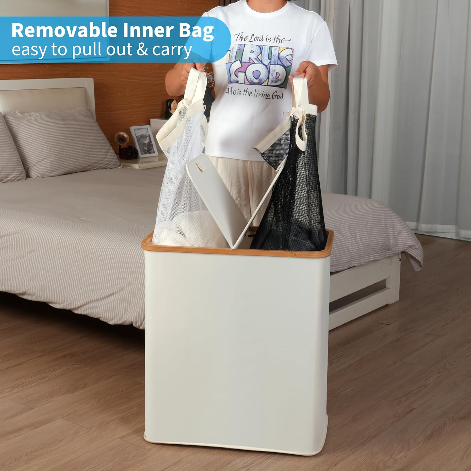 Thumbnail 3 de efluky 140L Laundry Baskets with Lid (2 Compartments) – Large Linen Hamper with Removable Bags