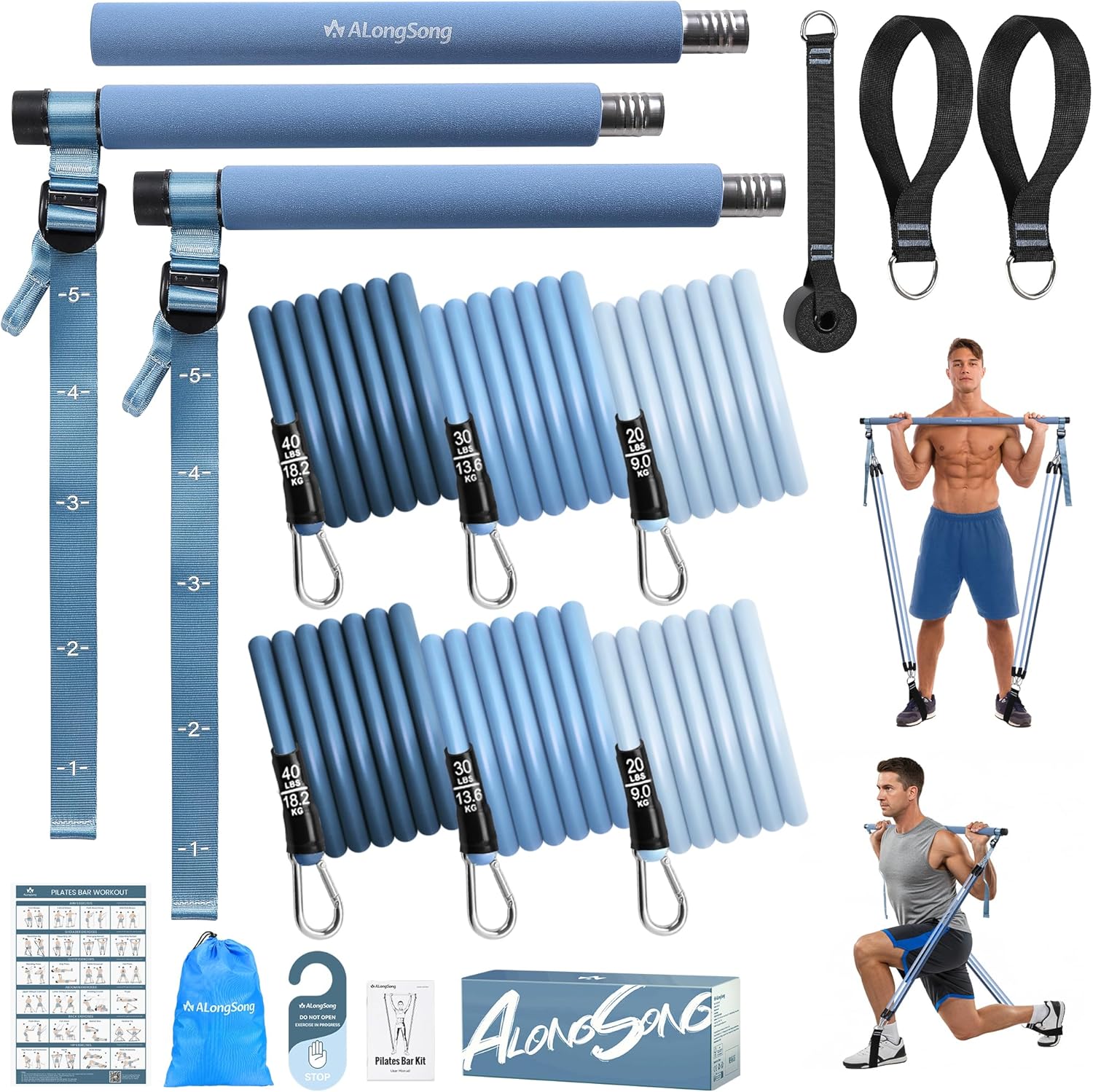 Thumbnail 6 de ALongSong kit Pilates maison avec barres inox, 6 élastiques 20–180 lbs et ancrage de porte
