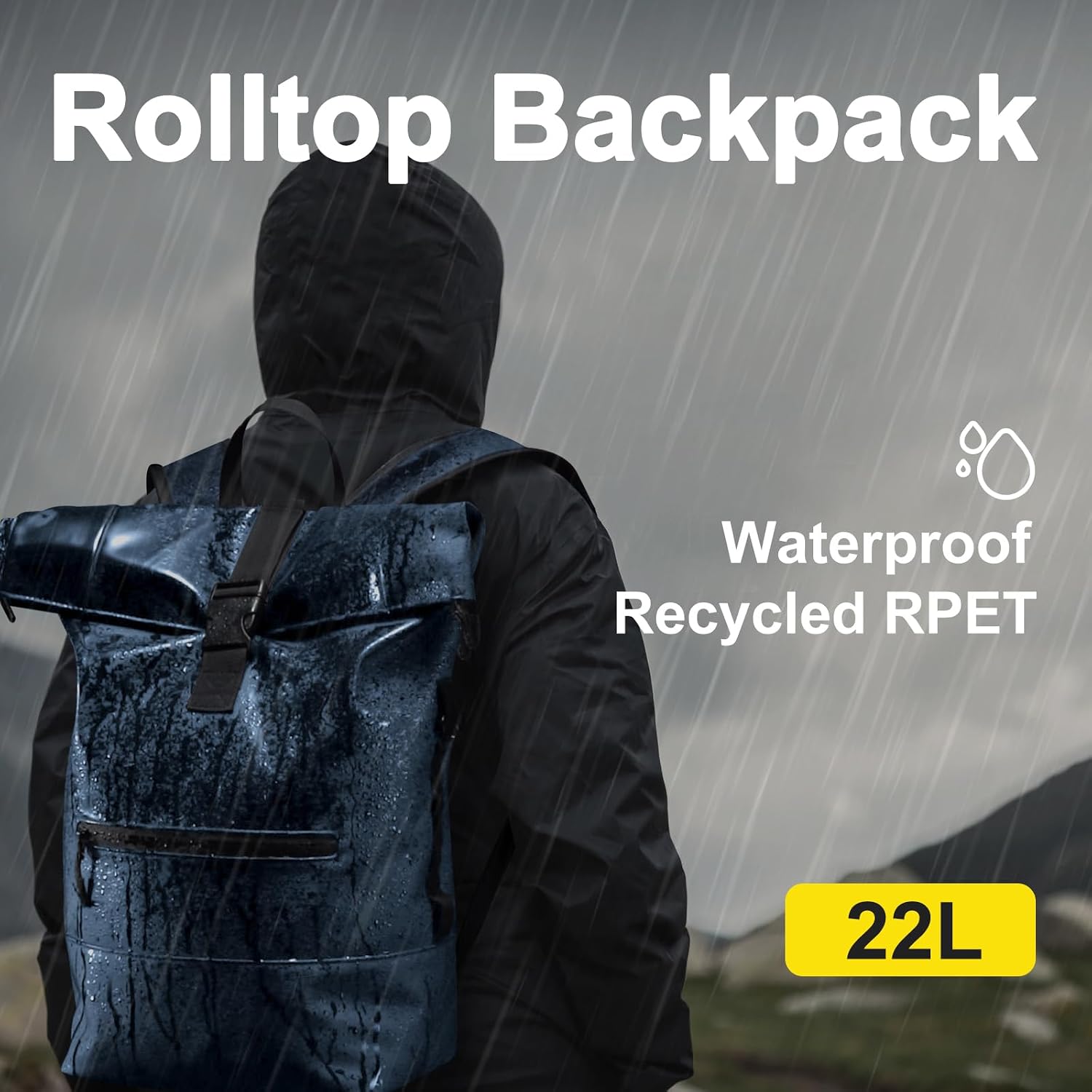 Detalle de Reiseresa Rolltop Rucksack – wasserdicht, 18–22L, Laptopfach 17" (Schwarz)