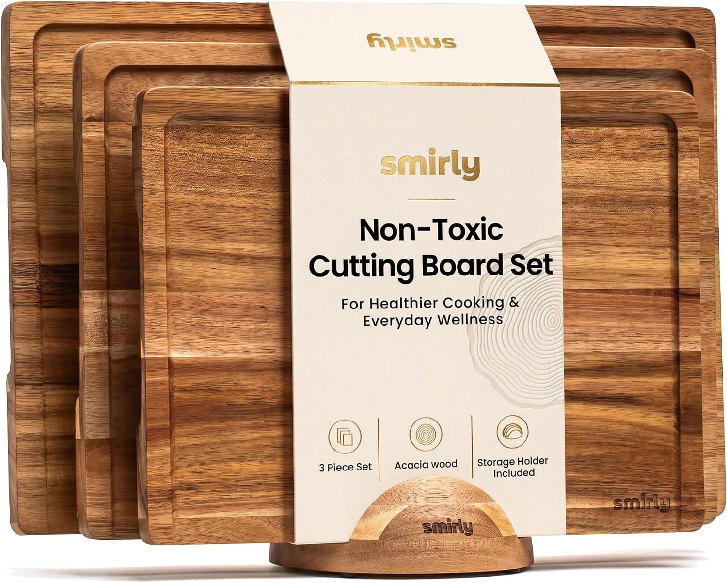 SMIRLY Acacia Wood Cutting Board Set (3-Pack) with Holder