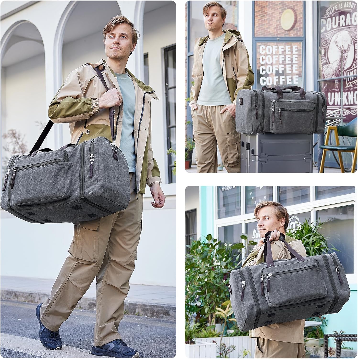 Detalle de EKOROMIER Grand sac de voyage en toile extensible 70L (week-end) pour homme – 62 x 29 x 33 cm