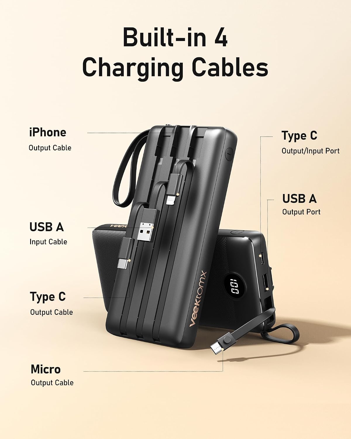 Detalle de VEEKTOMX Power Bank 20000mAh con cavi integrati, 5 uscite (3 cavi + USB-A + USB-C) e display LED