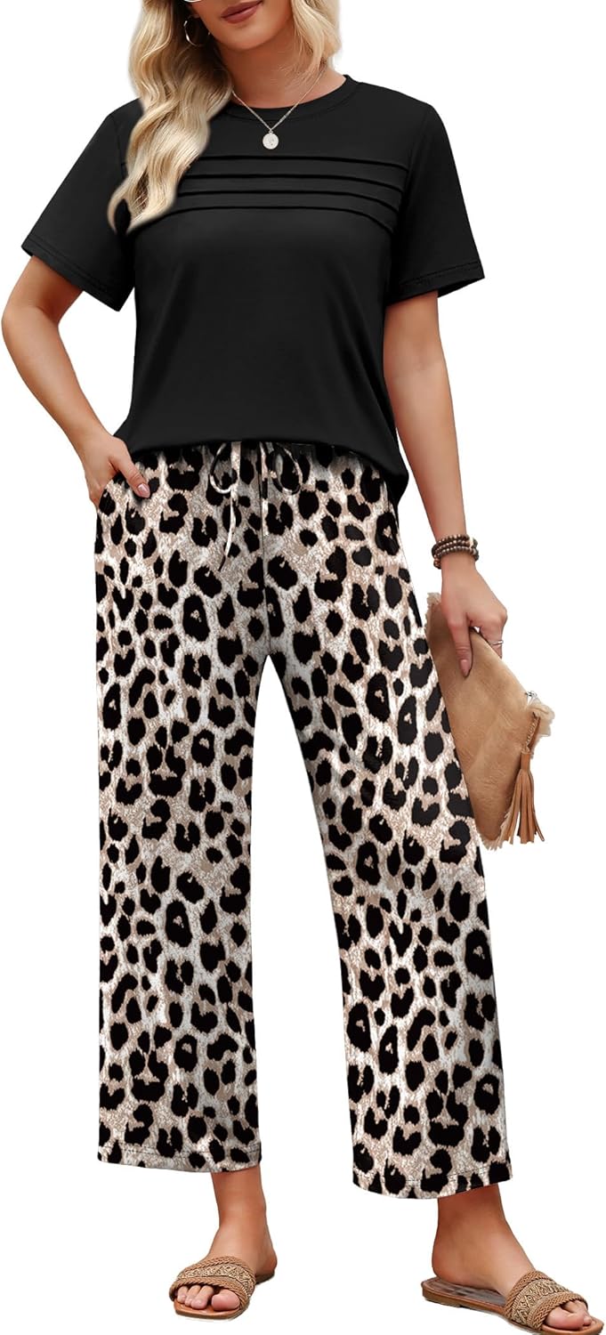 Thumbnail 1 de WIHOLL Two-Piece Lounge Set for Women: Cropped Wide-Leg Pants & Pleated Short-Sleeve Top
