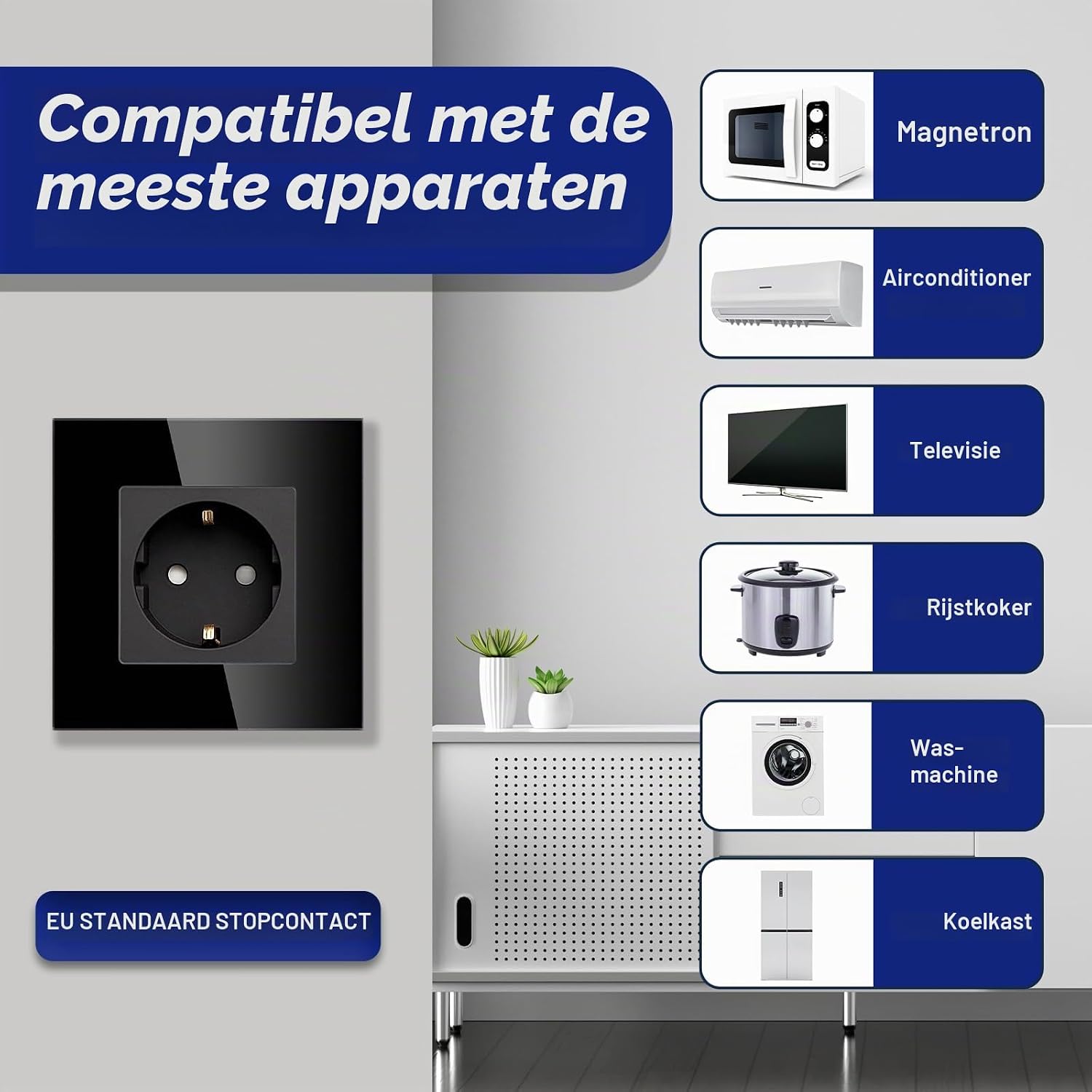 Detalle de BSEED 1 Schuko-wandcontactdoos, zwart met glazen afdekplaat, 16 A