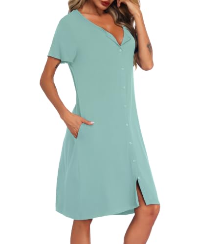 Detalle 2 de Lovasy Camisón de Mujer Verano con Bolsillos y Botones para Lactancia, Verde Claro, XL