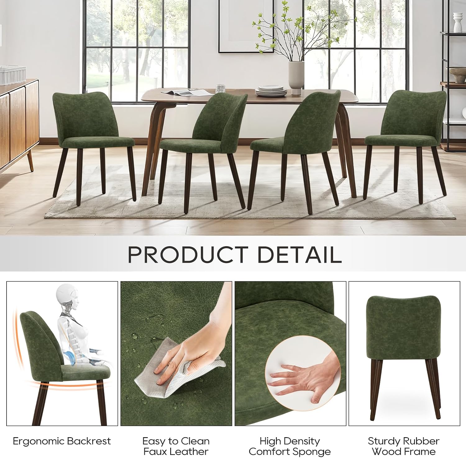 Detalle de COLAMY CA3008B Upholstered Dining Chairs, Green PU Leather, Set of 2