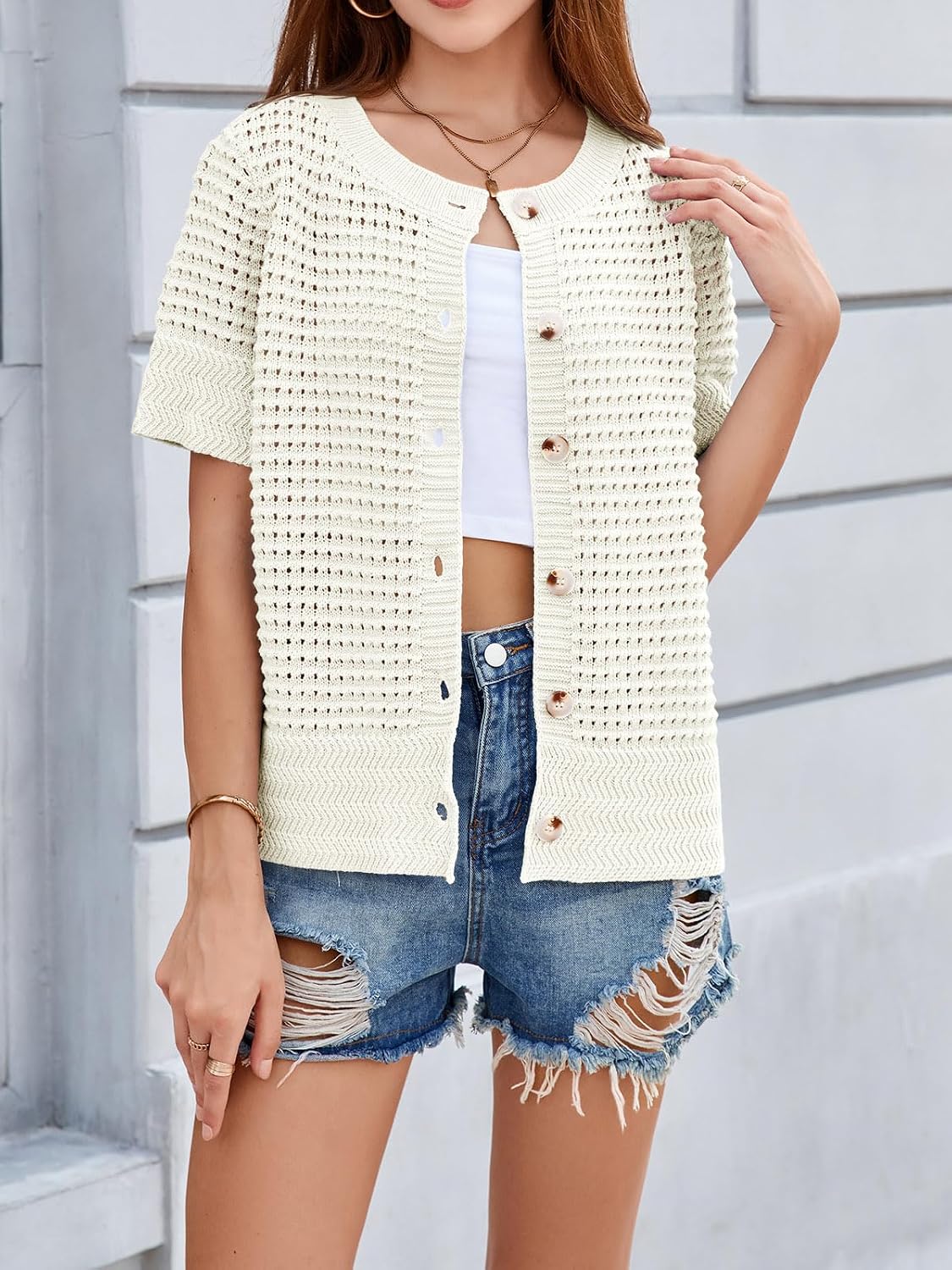 Detalle de Saodimallsu Women’s Crochet Short Sleeve Button-Up Crew Neck Cardigan