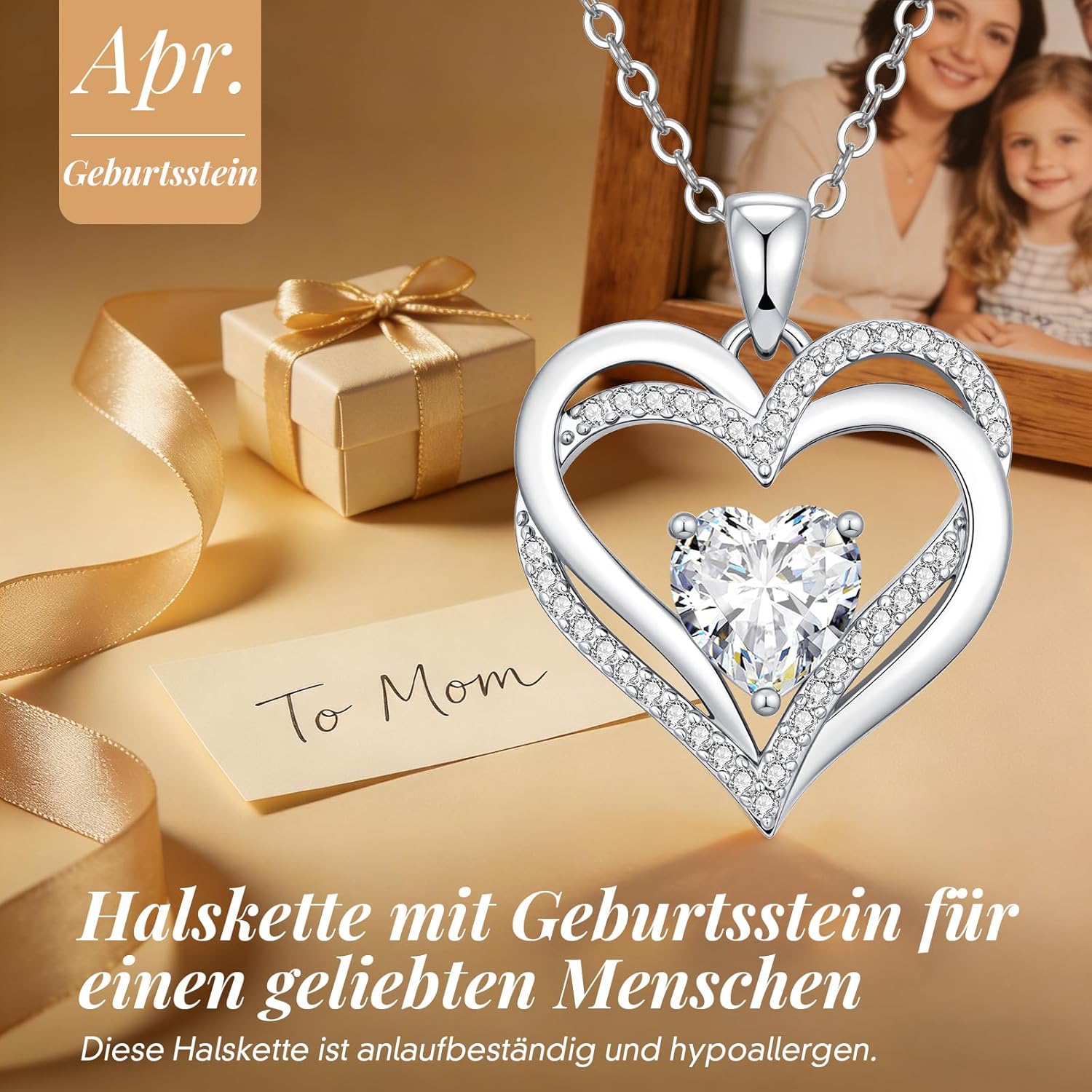 Detalle de CDE Kette Damen Herzkette 925 Sterling Silber mit Geburtsstein – Herz Anhänger, wechselbare Kette