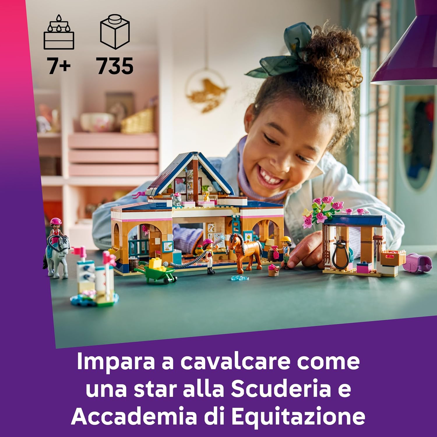 Detalle de LEGO Friends Scuderia e Accademia di Equitazione 42688 – Set didattico con cavalli, animali e mini bamboline