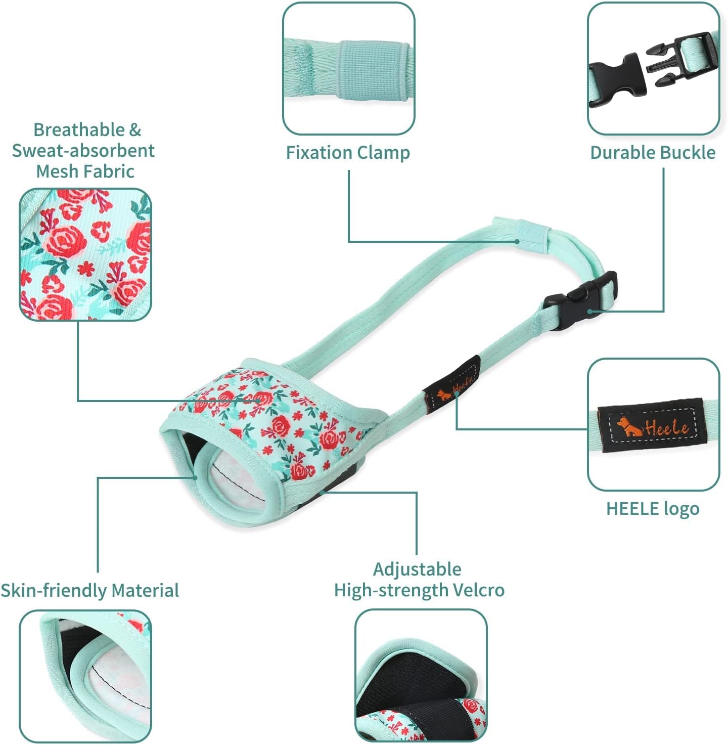 Detalle de HEELE Hund Maulkorb aus weichem Nylon & Air-Mesh, einstellbar – XS in Cyan/Blume