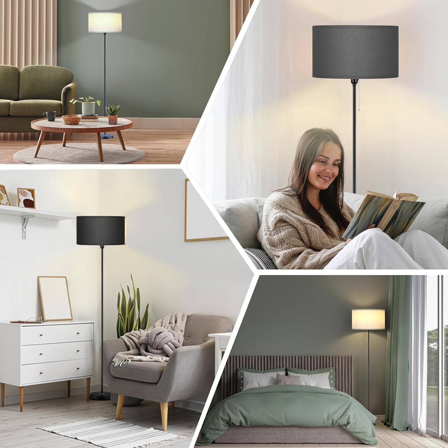 Detalle de AoMck AM33-B Farmhouse Floor Lamp with Black Linen Shade and 3-Colour LED