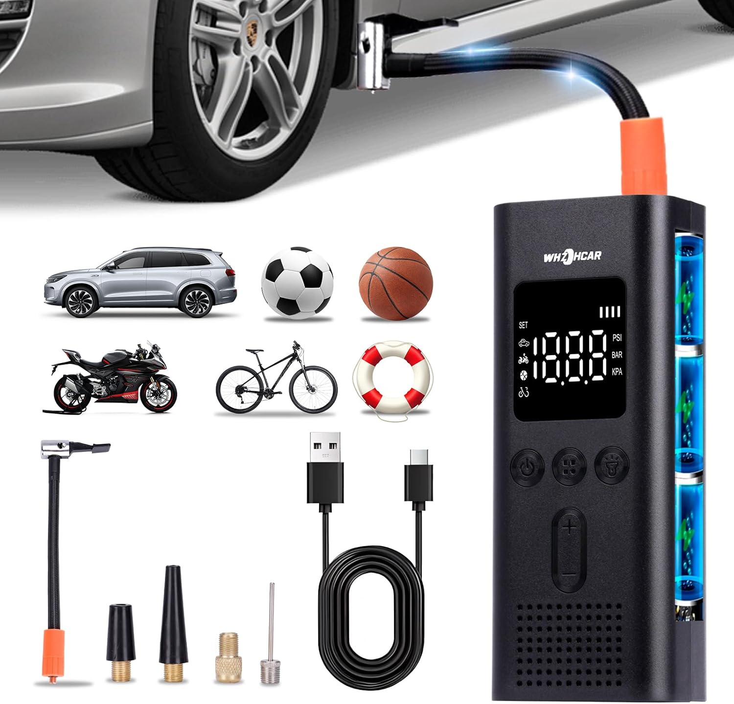 Compresseur à Air Portatif 6000mAh – Gonfleur sans Fil 150 PSI pour voiture, moto et pneus, LED et affichage LCD