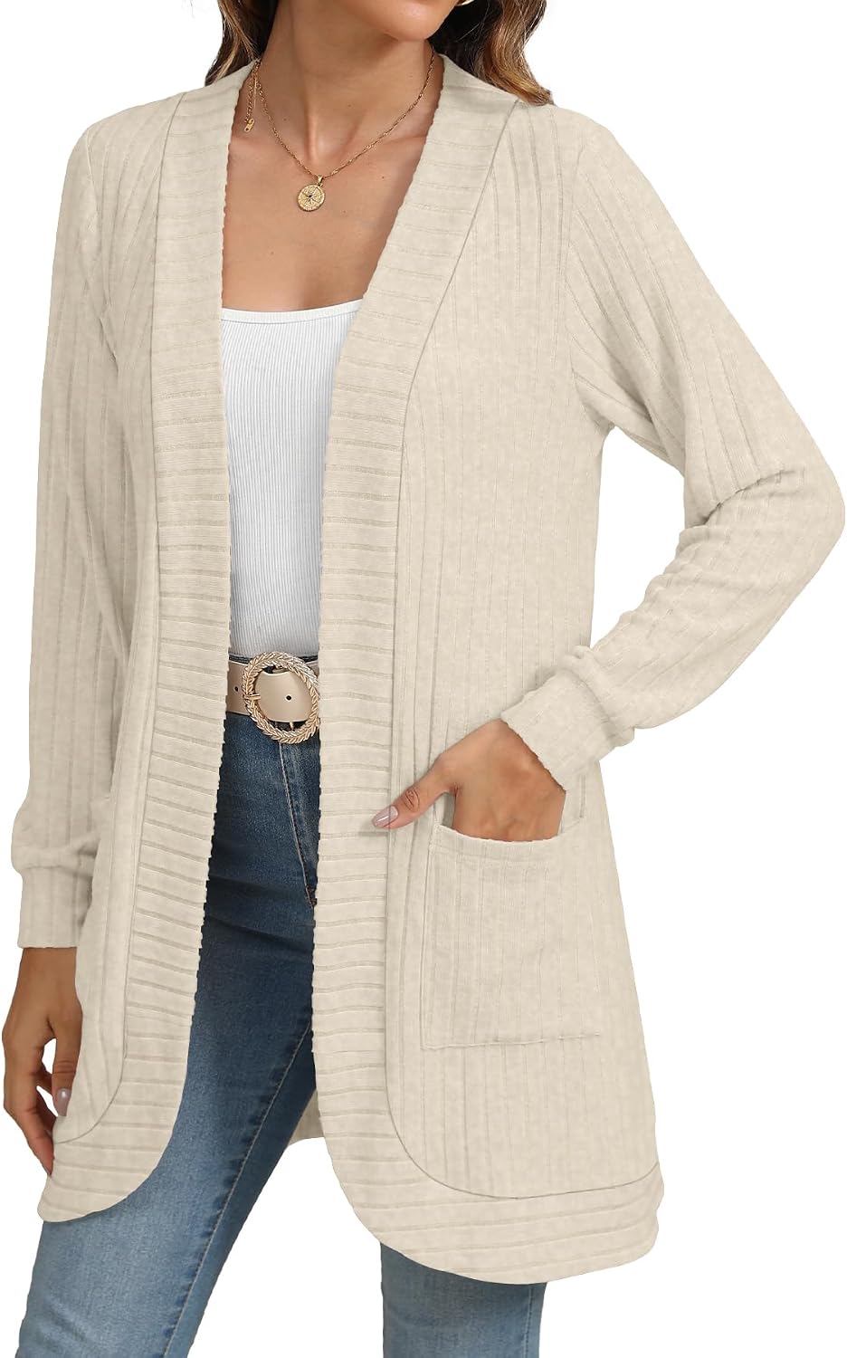 Detalle de YSYOKOW Women's Long Cardigan with Pockets — Open Front, Lightweight & Soft