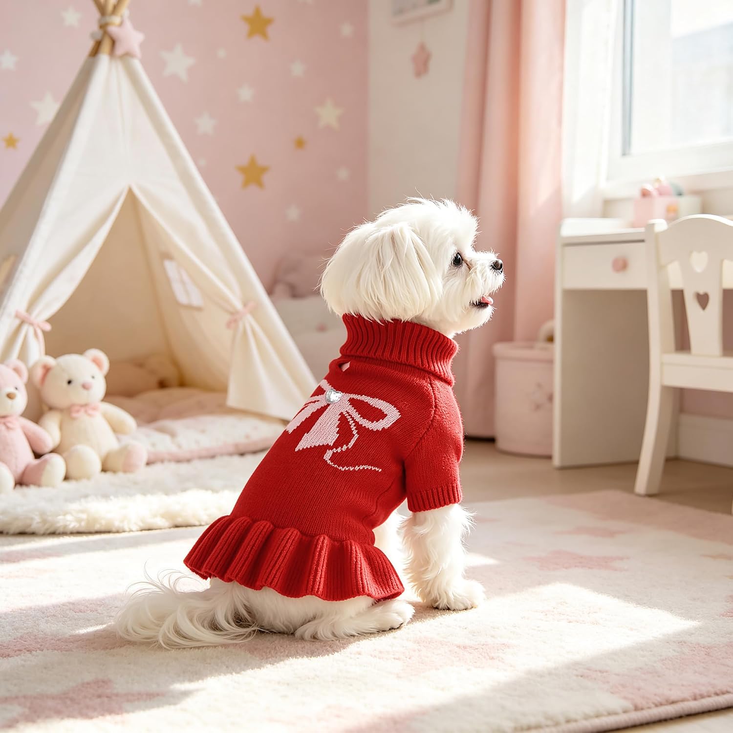 Detalle 2 de YUDODO YU89013RED0M1 Dog Sweater Dress, Red Stretch Knit with Turtleneck
