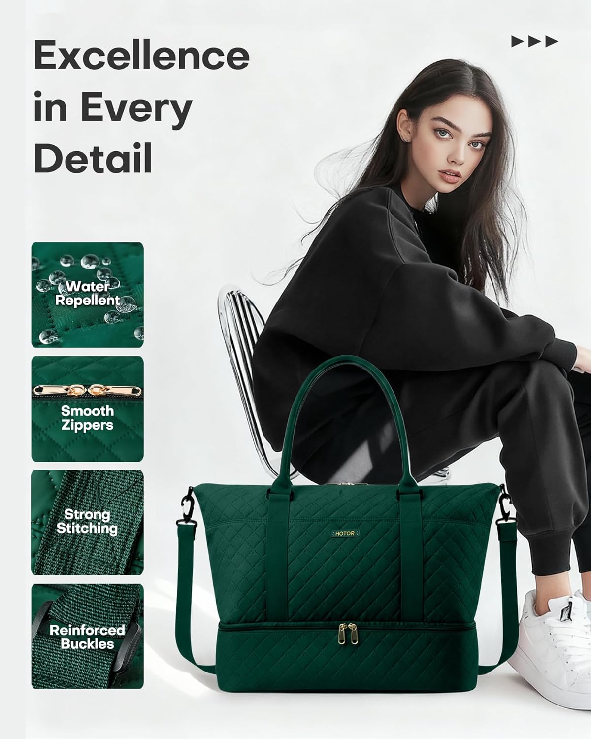 Thumbnail 6 de HOTOR Travel Bags for Women - Lightweight Overnight Holdall with Shoe Compartment (Dark Green) 34 x 45 x 20 cm
