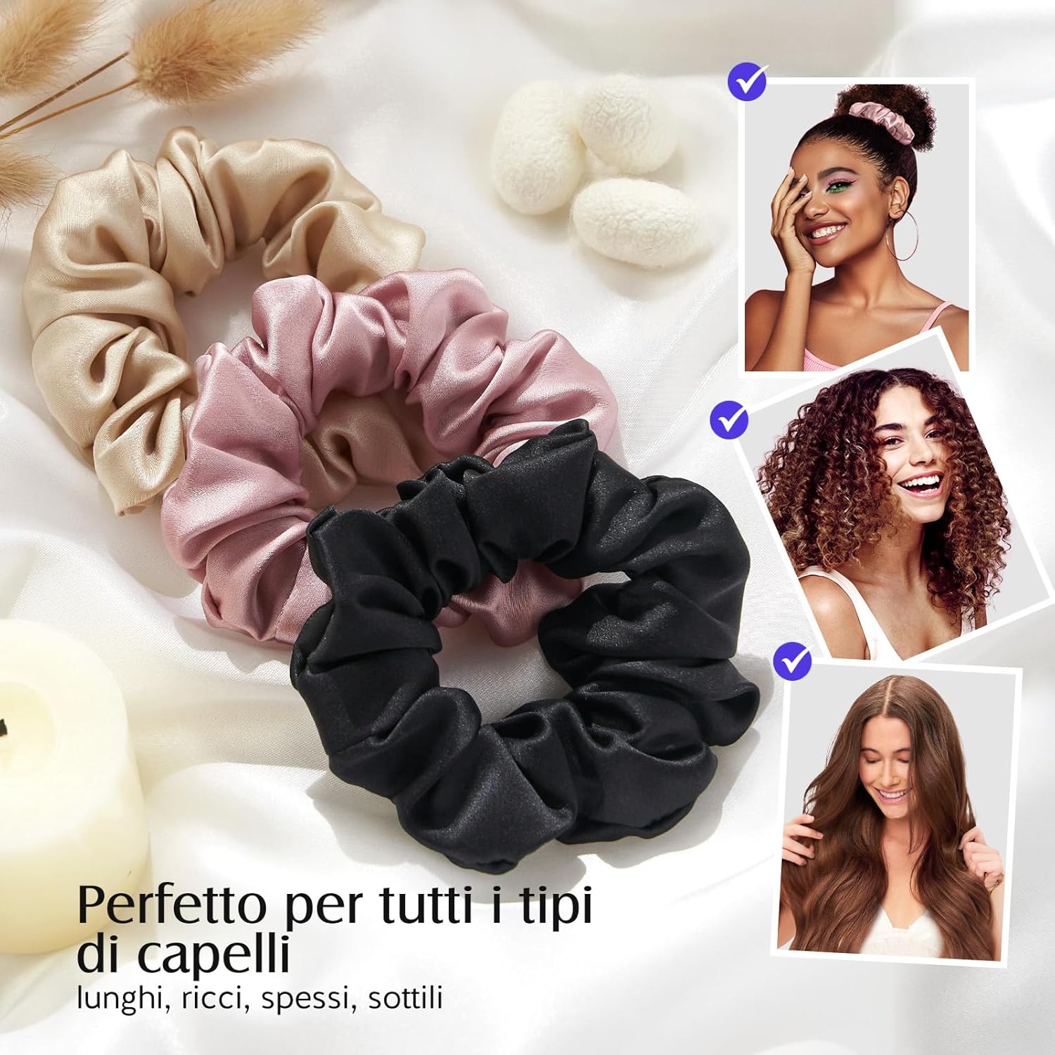 Detalle de Set di 3 scrunchies in seta Umisleep (100% seta di gelso) senza impronte, rosa + nero + champagne