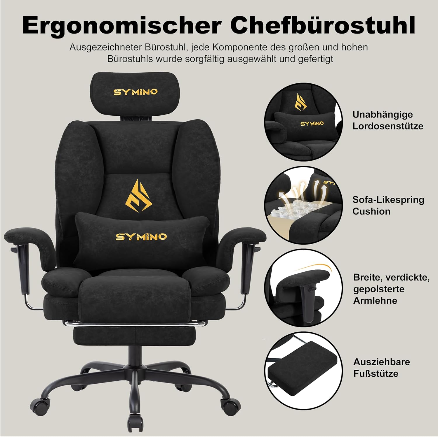 Thumbnail 3 de Symino Gaming-Stuhl Chefsessel: ergonomischer Bürostuhl mit Fußstütze und 90–155° Rückenlehne