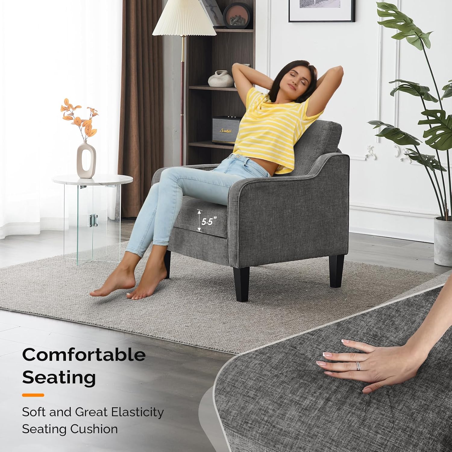 Thumbnail 3 de VINGLI Accent Chairs for Living Room: Mid-Century Modern, Soft Chenille, Light Grey