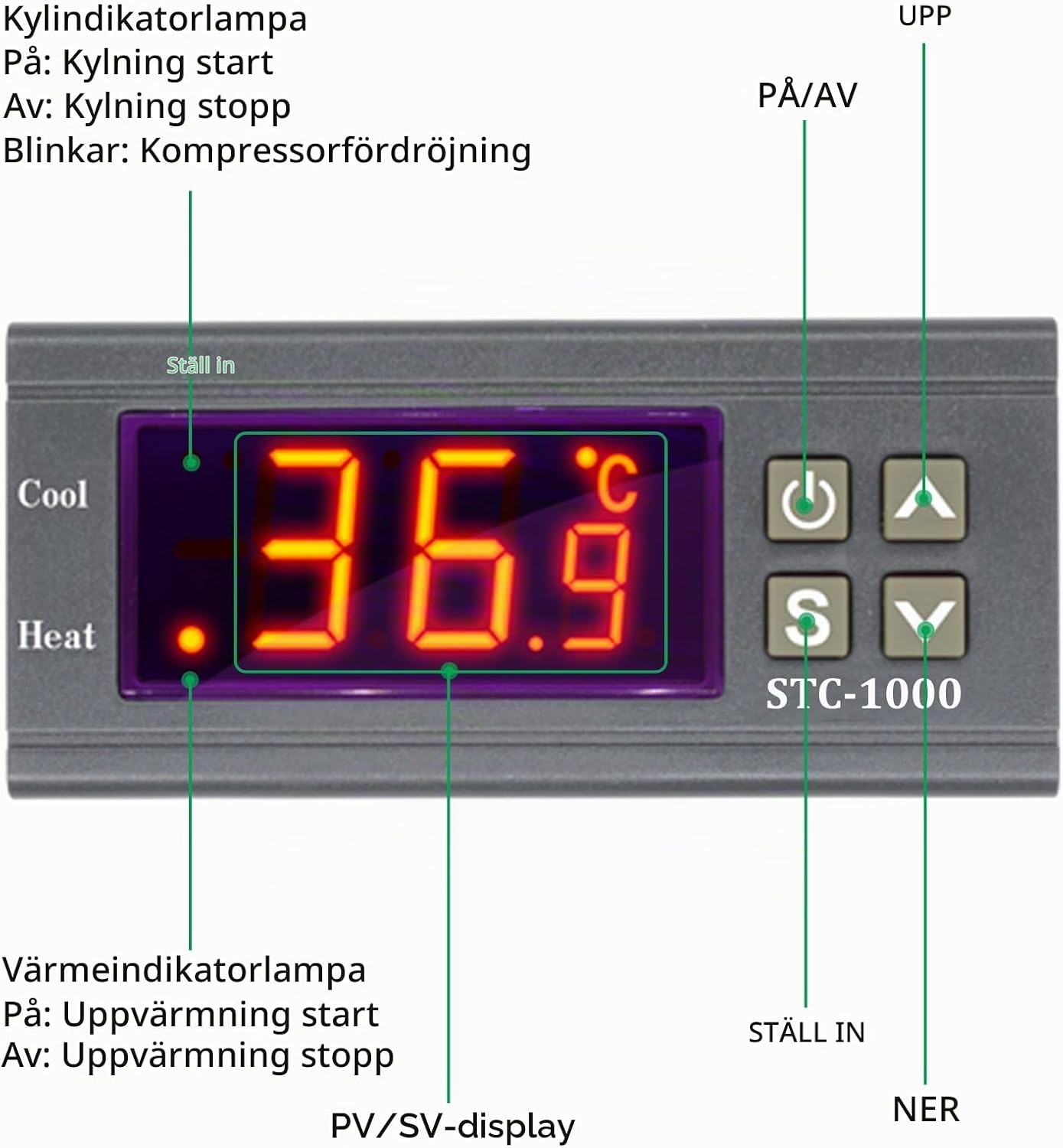 Thumbnail 4 de Aideepen STC-1000 temperaturregulator för värme och kyla med LCD och NTC 10K-givare