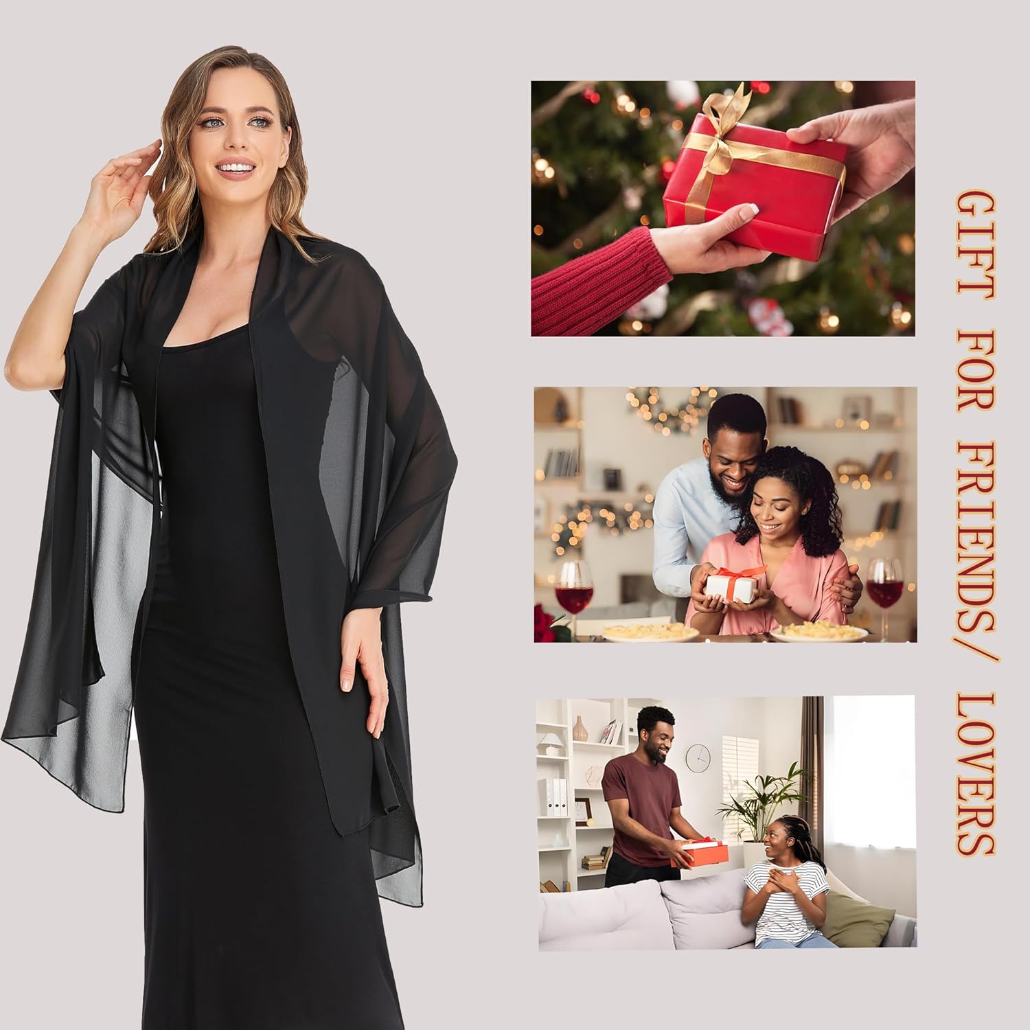 Thumbnail 4 de Pukguro Sheer Chiffon Shawl & Wrap for Evening Dresses (Black)