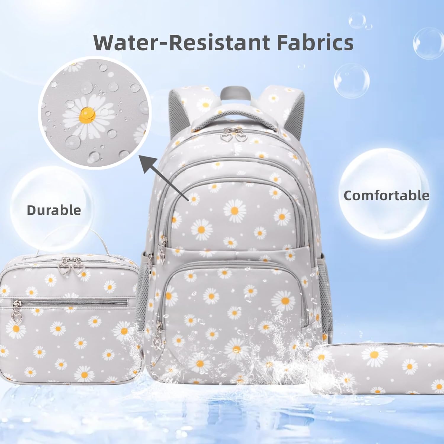 Detalle de Armbq Daisy Prints Girls School Bag: kids’ 3-piece backpack with insulated lunch bag
