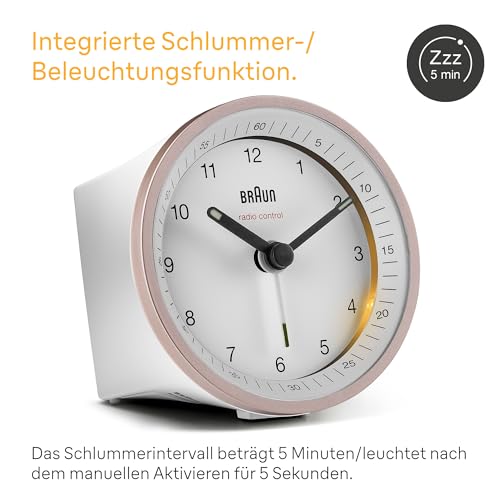 Detalle 2 de Braun BC07PW-DCF: Klassischer analoger Funkwecker mit MEZ/GMT+1 Zeitzone, Schlummerfunktion und Beleuchtung