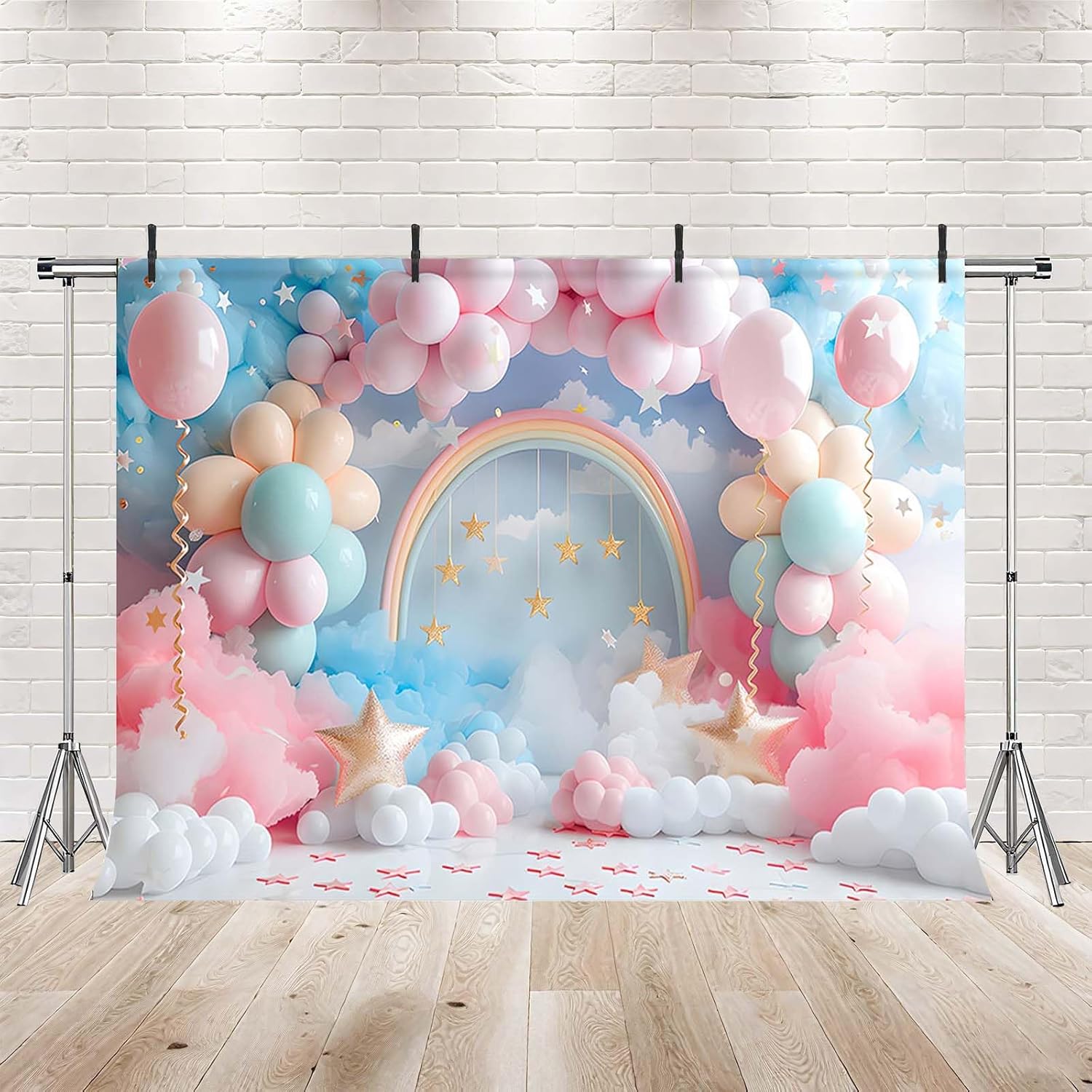 Thumbnail 1 de MEHOFOND 7x5ft girls photography backdrop – colourful clouds & rainbow balloon arch style