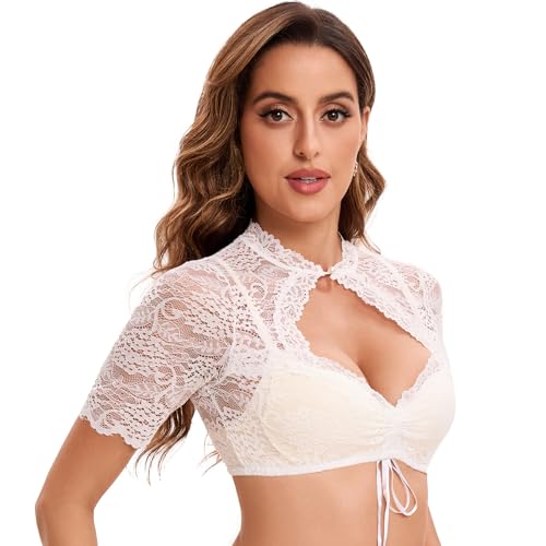 Detalle de Goxozzy Dirndl Bluse Damen – Spitzen-Dirndlbluse mit Perlenknöpfen, Weiß/Schwarz, Größe 34–44