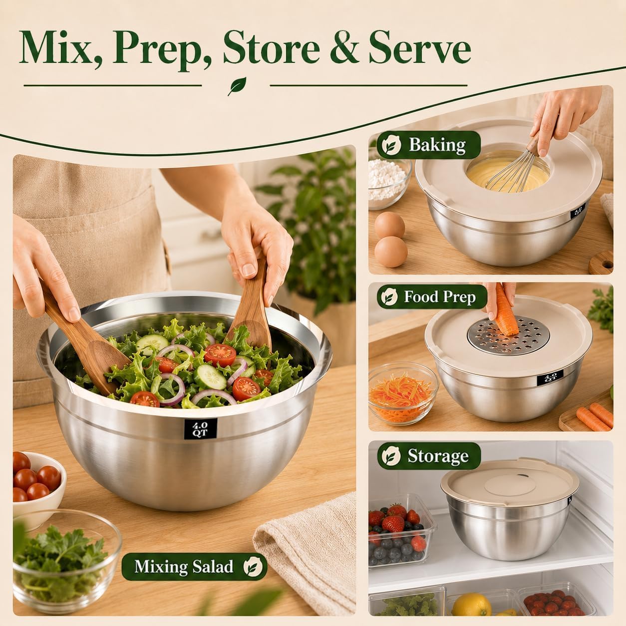 Detalle 2 de Boskermeal Stainless Steel Mixing Bowls, 5 Sizes