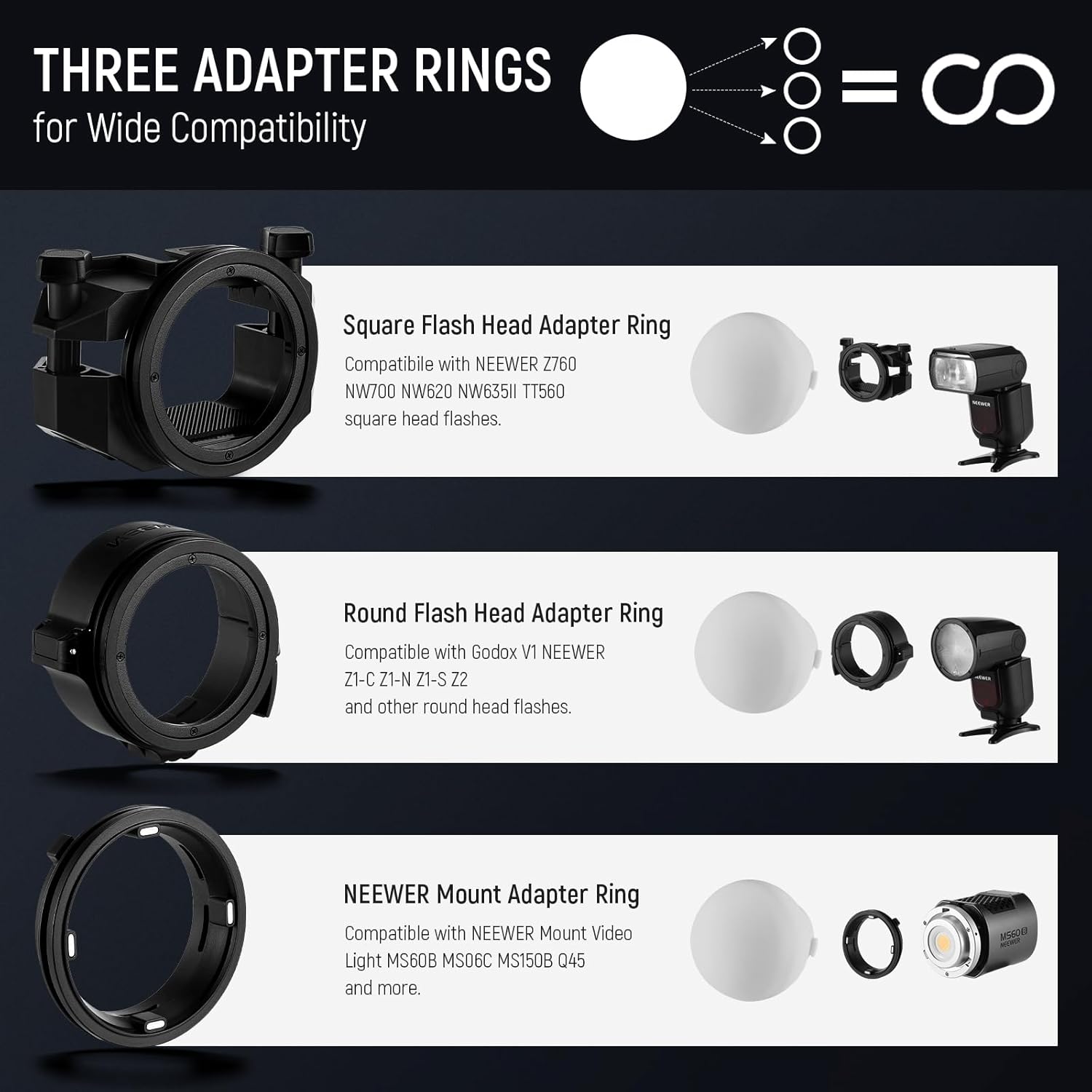 Detalle 2 de NEEWER CRS6 Diffusion Dome with 3 Adapter Rings for Godox & NEEWER Flashes and Video Lights