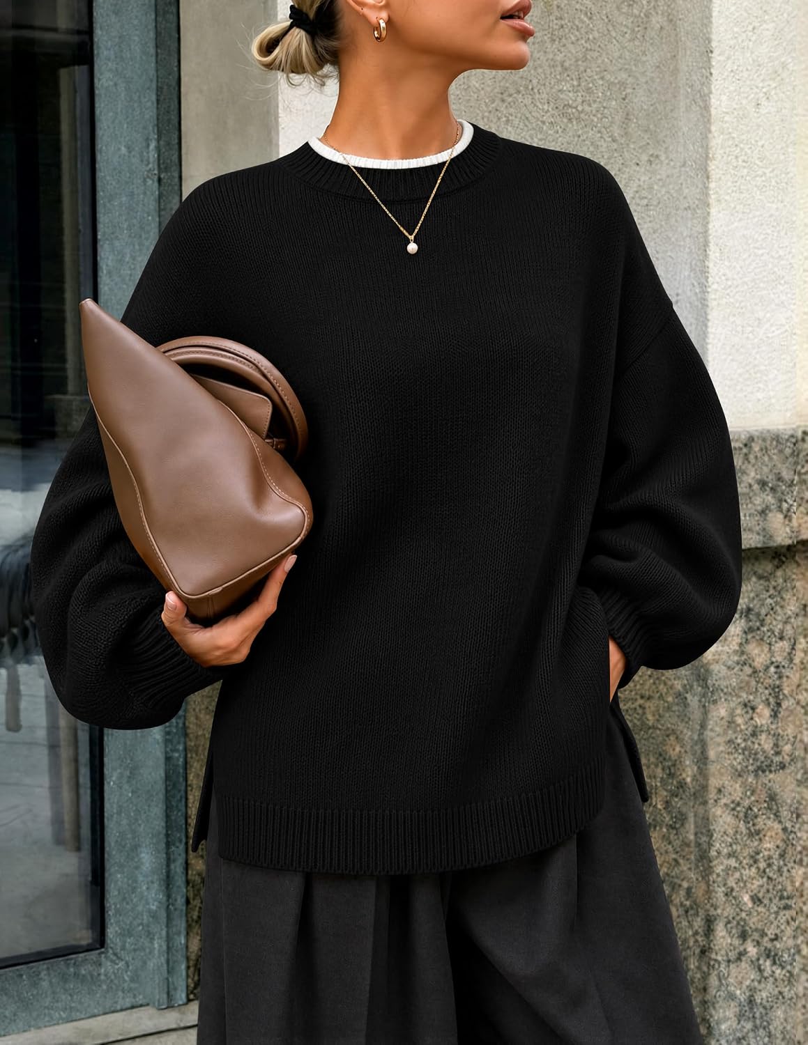 Detalle de ZESICA Oversized Women's Sweater, Crewneck with Contrast Trim and Batwing Sleeves