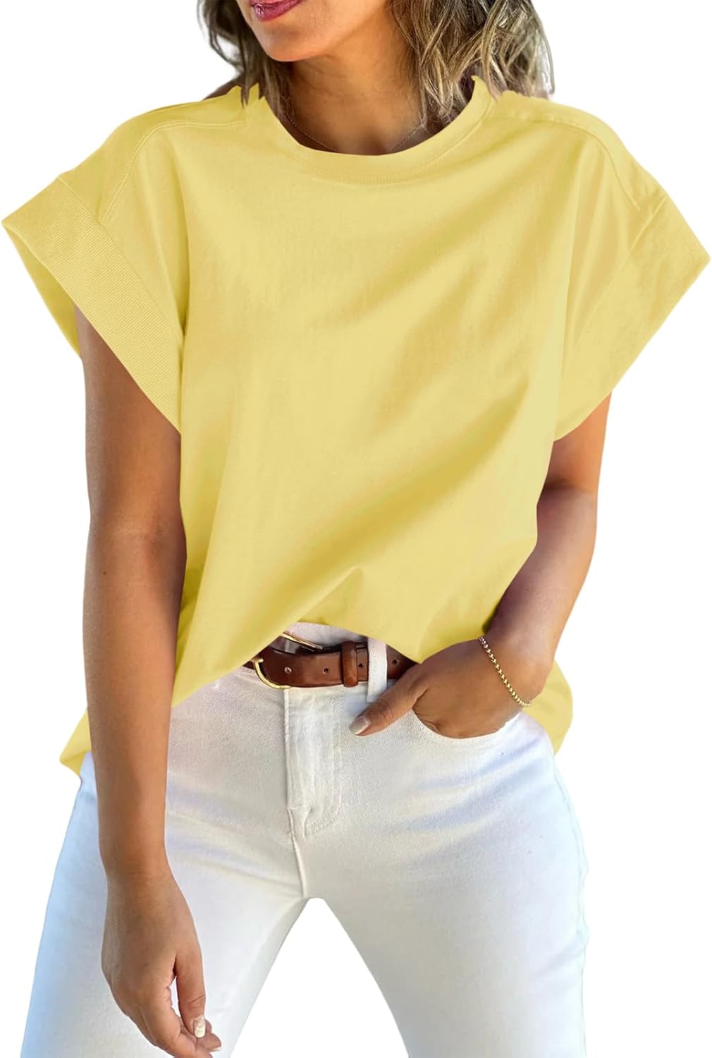 Thumbnail 1 de Tankaneo Women’s Cap Sleeve Tank Top (Crew Neck, Solid Loose Fit) — Polyester/Cotton/Spandex Basic Tee