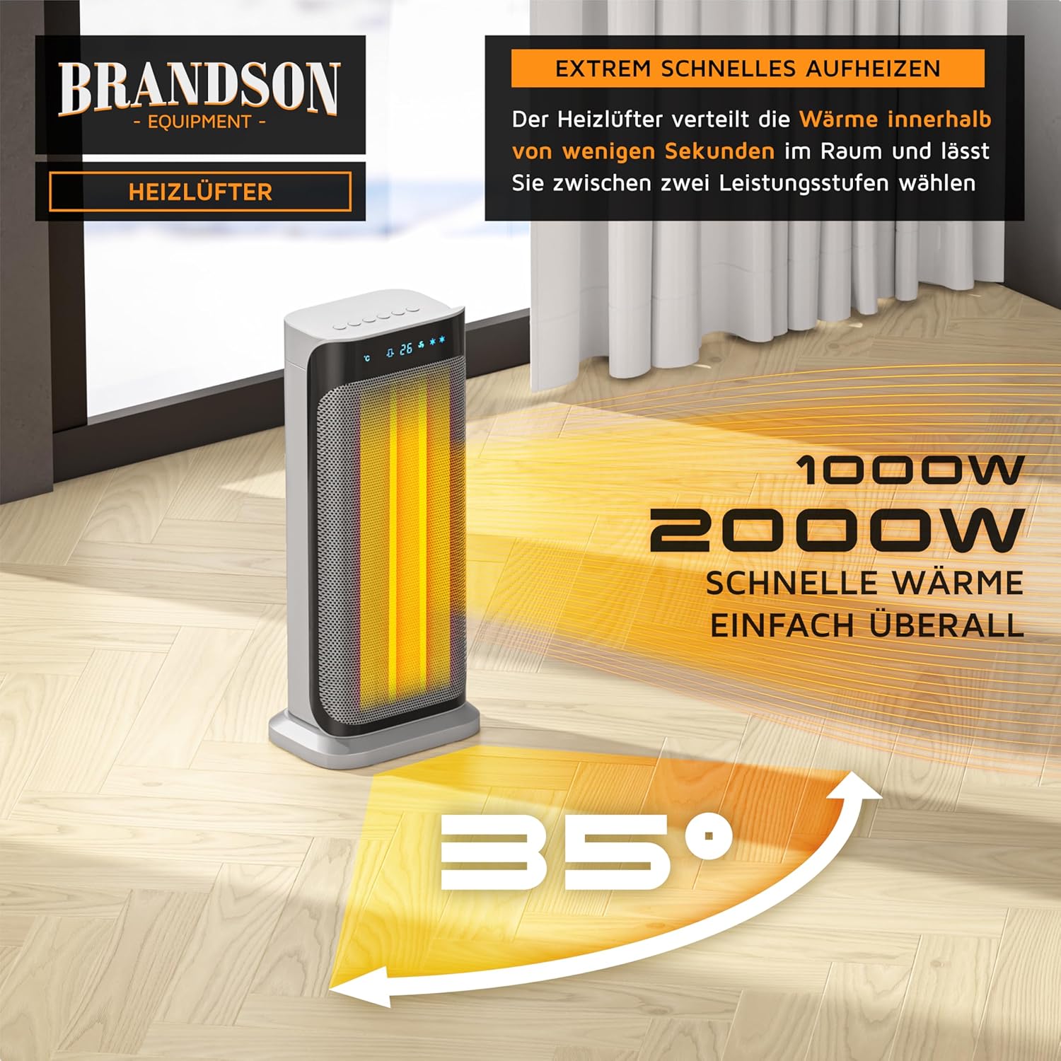 Detalle de Brandson Heizlüfter 2000 Watt mit Fernbedienung (Brandson 305027) – mit Oszillation und Timer