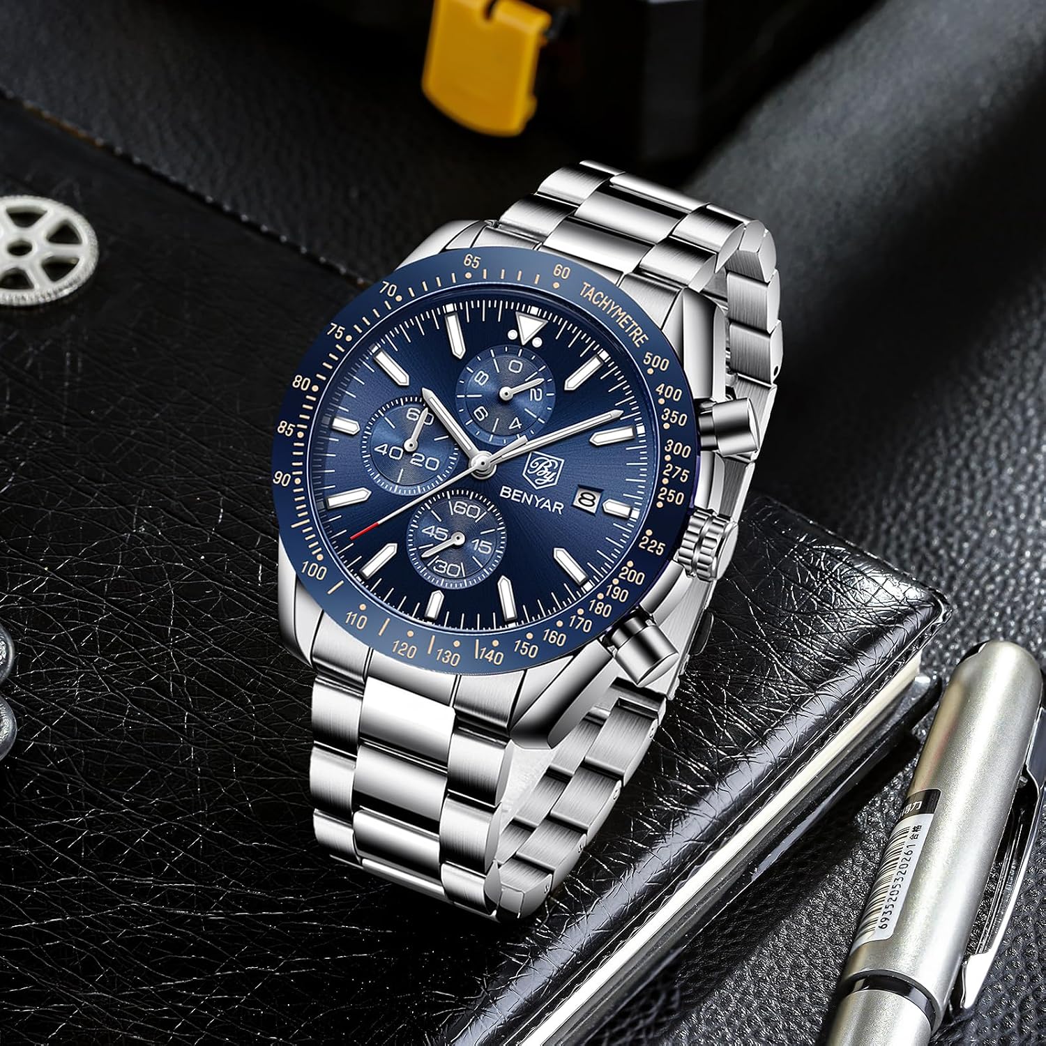 Detalle 2 de BENYAR Herrenuhr Analog Quartz Chronograph – 45 mm, Lederband, 30M Wasserdicht