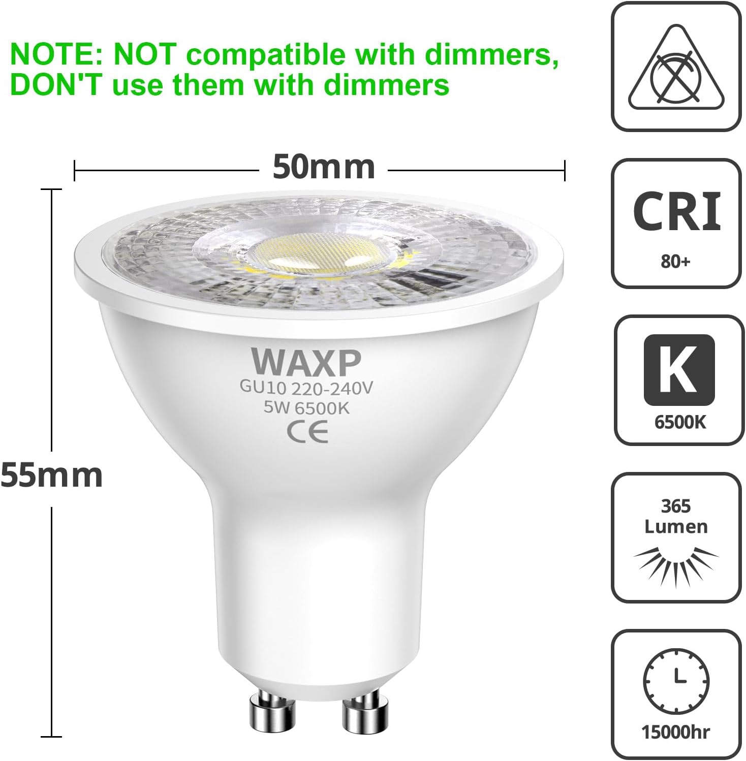 Detalle 2 de WAXP GU10 LED Spotlight Bulbs 5W (Cool White, 6500K) – 10 Pack