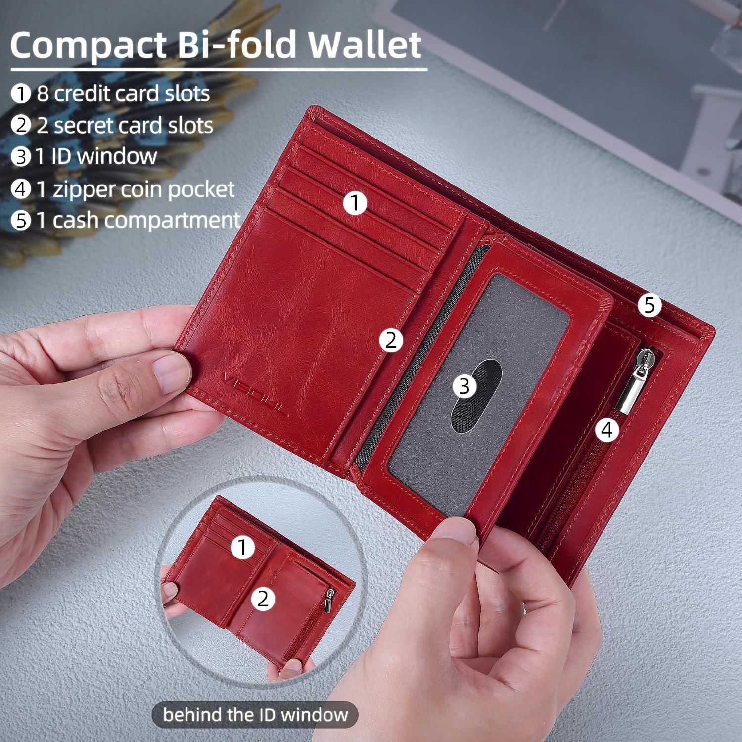 Detalle 2 de VISOUL Portafoglio Verticale in Vera Pelle RFID Rosso