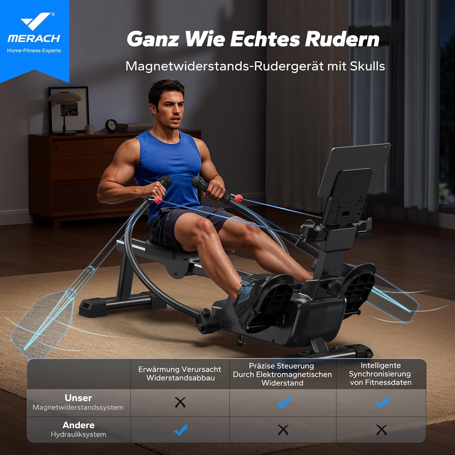 Detalle de MERACH R26 Rudergerät für Zuhause – Doppelpaddel mit mehreren Trainingsmodi & MERACH App