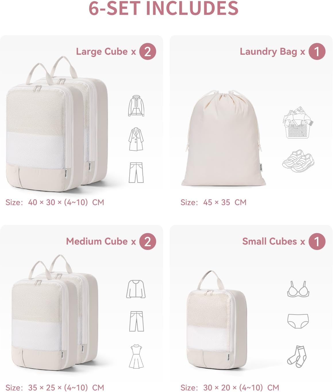 Detalle de Narwey Compression Packing Cubes 6‑Piece Set – Beige