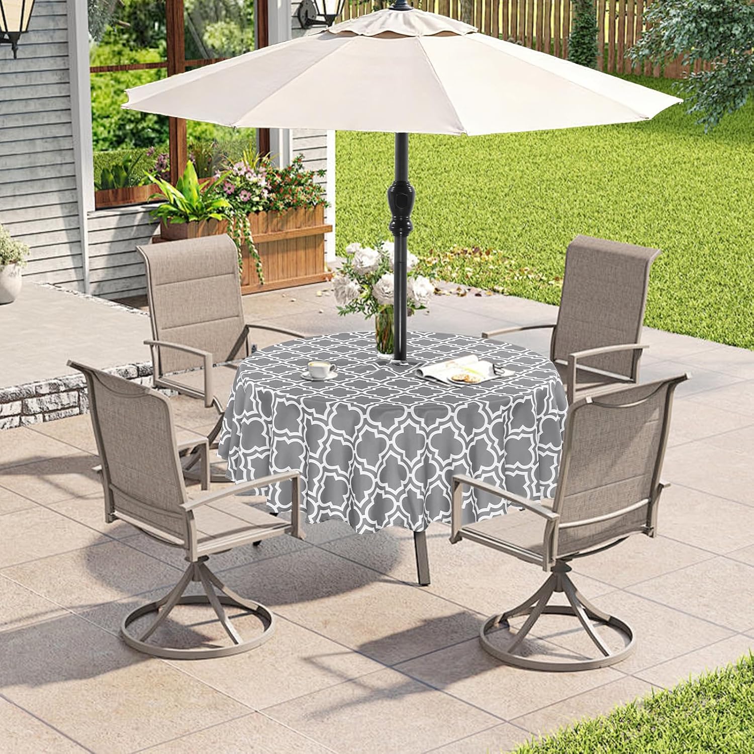 Thumbnail 4 de Eternal Beauty 152cm Round Grey Plaid Tablecloth with Umbrella Hole and Zipper — Outdoor/Indoor, Splashproof